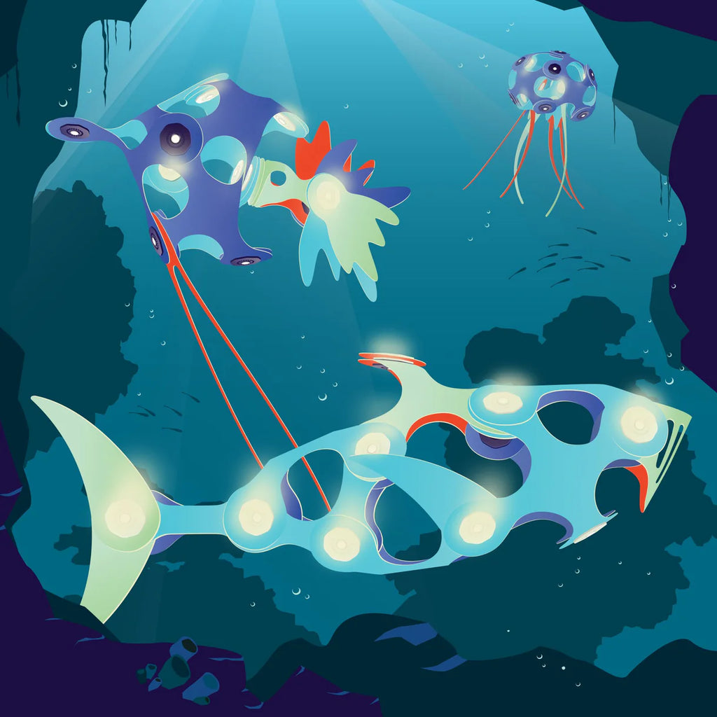 Colorful underwater scene with futuristic fish-like creatures and jellyfish.