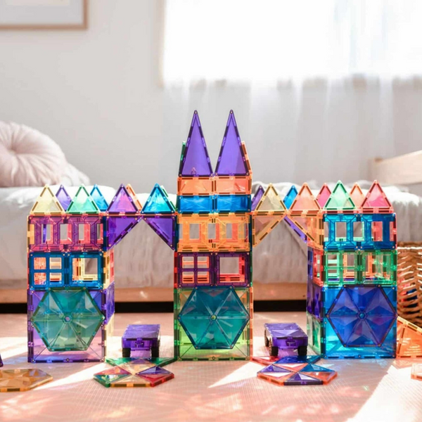 Connetix magnetic tile castle structure in rainbow colours
