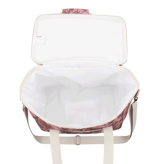 inside view of a cooler bag with pink floral pattern on a white background