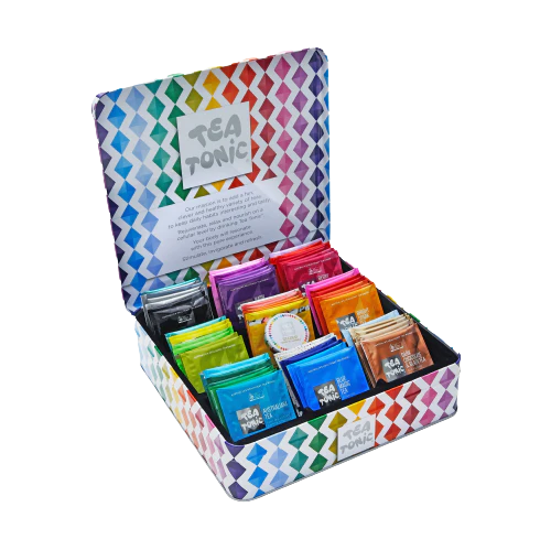 Colorful box of Tea Tonic tea bags with a geometric pattern on a white background