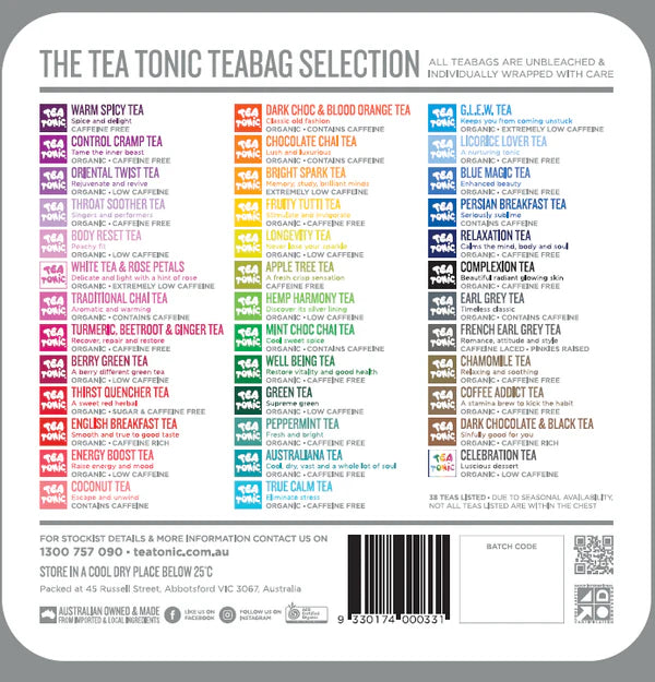 Tea tonic teabag selection with various tea names on a white background