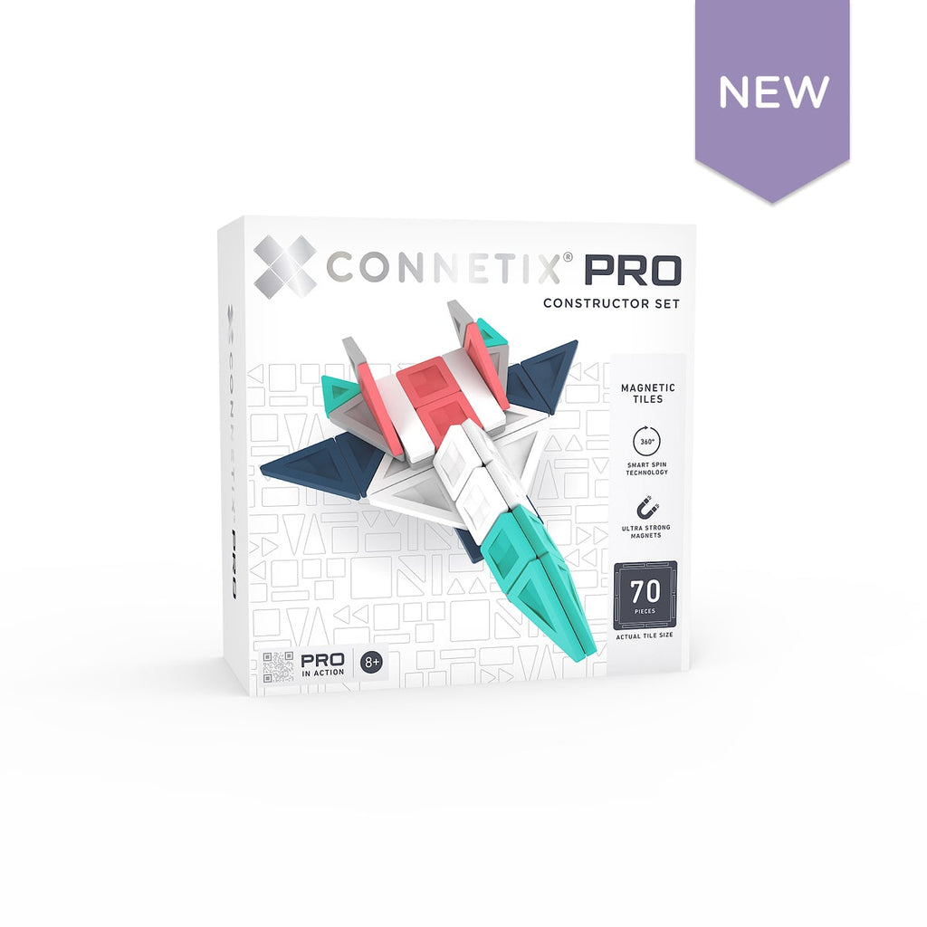 Connetik Pro constructor set packaging with colorful magnetic tiles on a white background