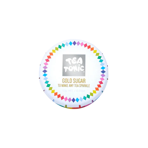 Tea Tonic gold sugar packaging with colorful border on a white background