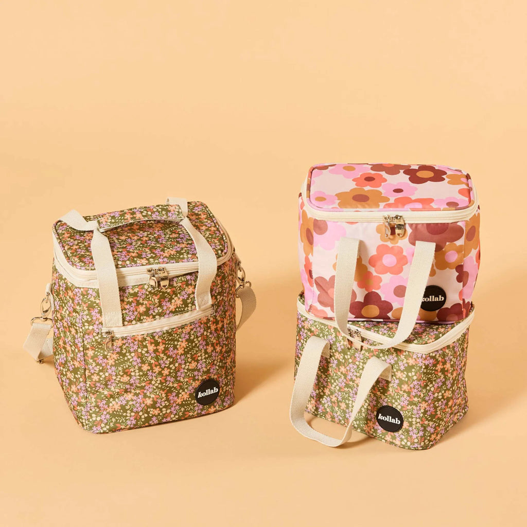 Two floral-patterned bags on a beige background