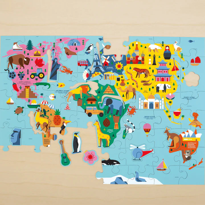 World map puzzle with colorful illustrations on a beige background