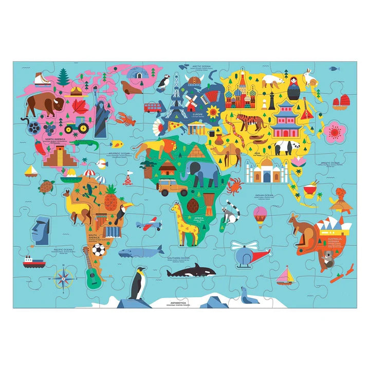Colorful world map puzzle on a blue background