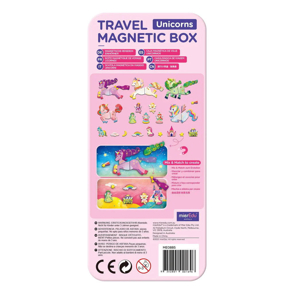 Pink packaging of a travel magnetic box with unicorn designs on a white background