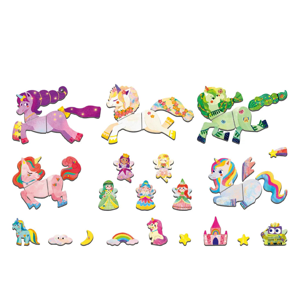 Set of colorful unicorn-themed magnets on a white background