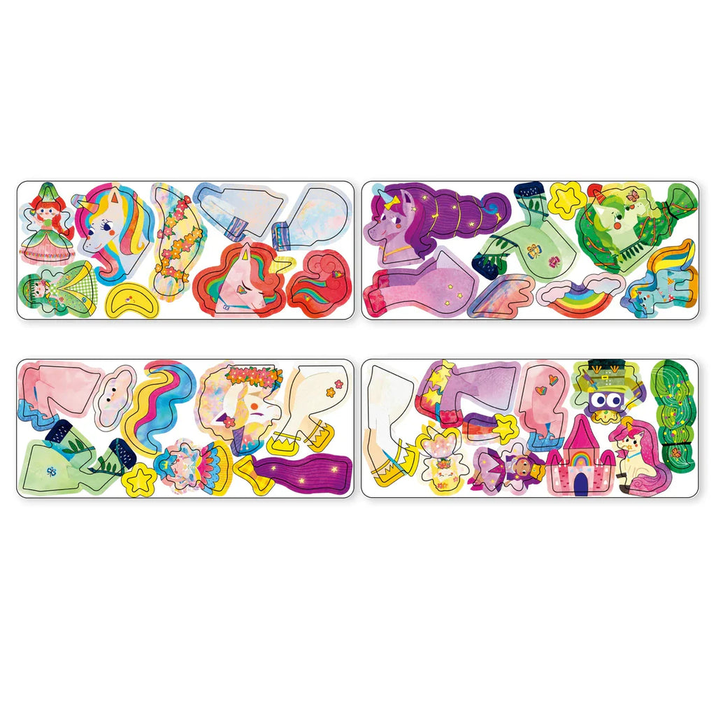 Set of colorful magnets with various designs on a white background