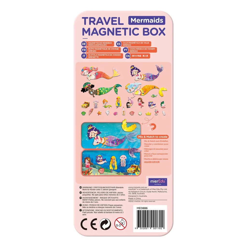 Travel Mermaids magnetic box packaging with mermaid illustrations on a pink background
