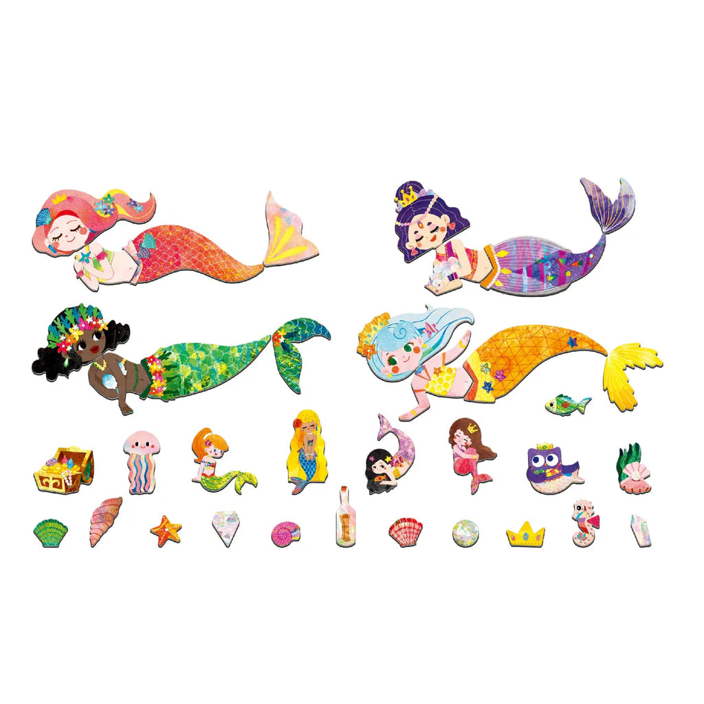 Colorful mermaid-themed magnetic set on a white background