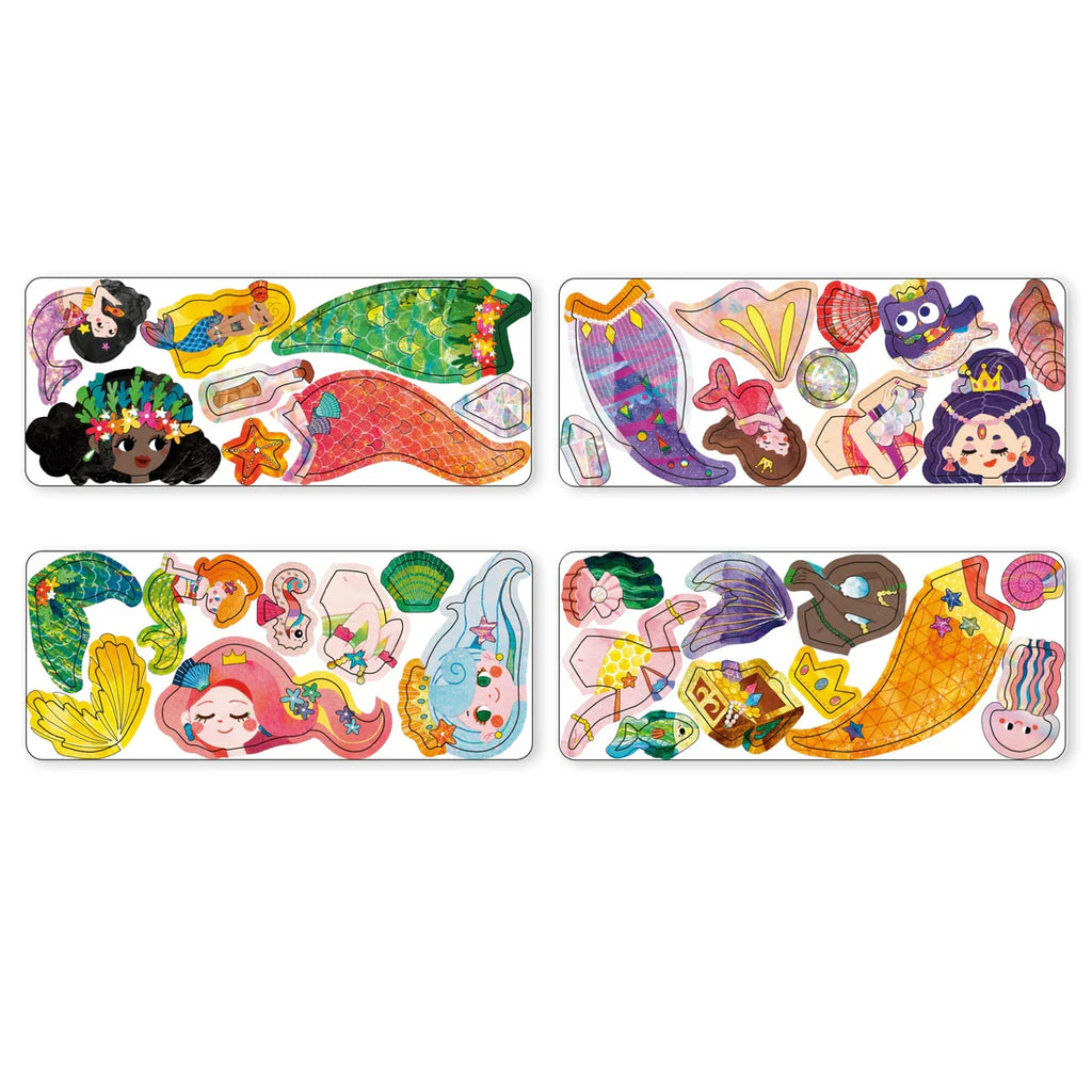 Set of colorful mermaid-themed magnets on a white background