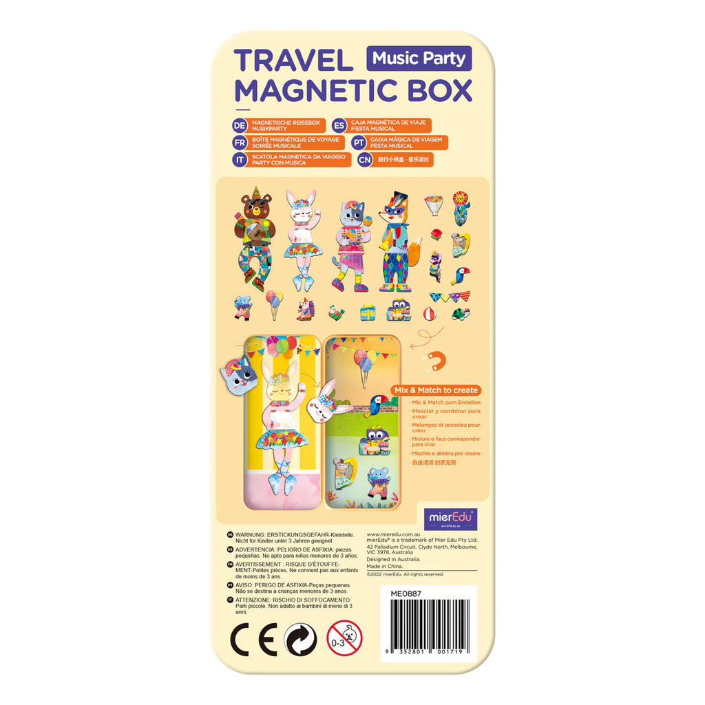 Packaging of a travel music party magnetic box with colorful illustrations on a beige background.