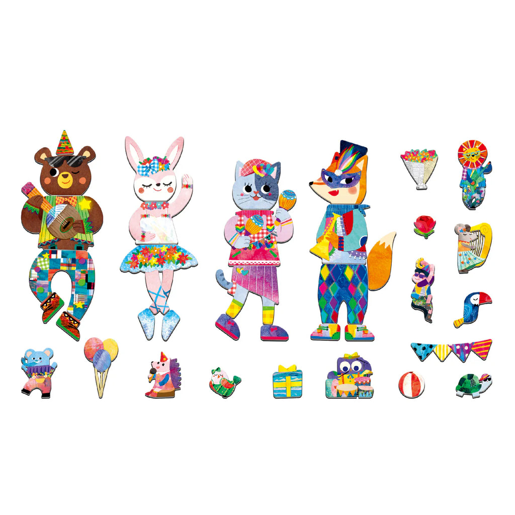 Colorful animal magnets and accessories on a white background