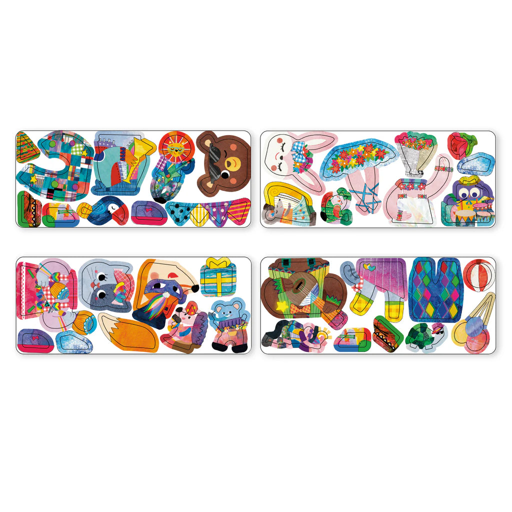 Colorful magnets  with animal and object illustrations on a white background