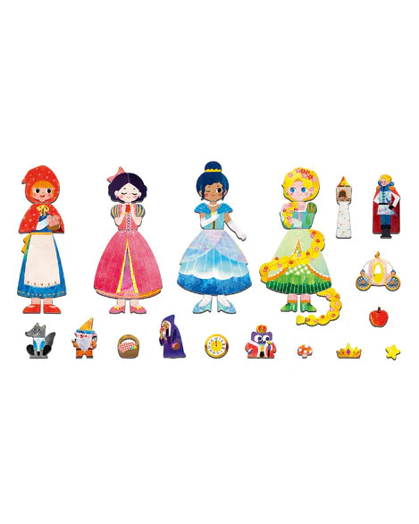 Set of colorful fairy tale character magnets  on a white background