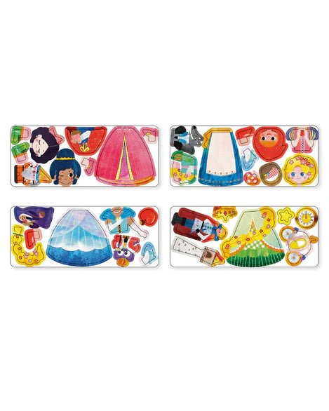 Set of colorful children's dress-up toy pieces on a white background