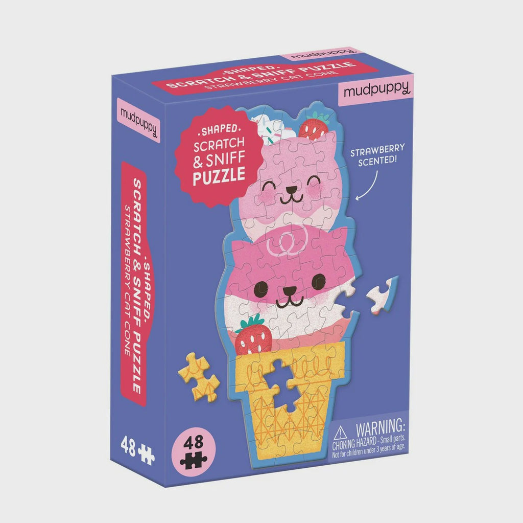 Mudpuppy strawberry cat cone shaped scratch and sniff puzzle packaging on a white background