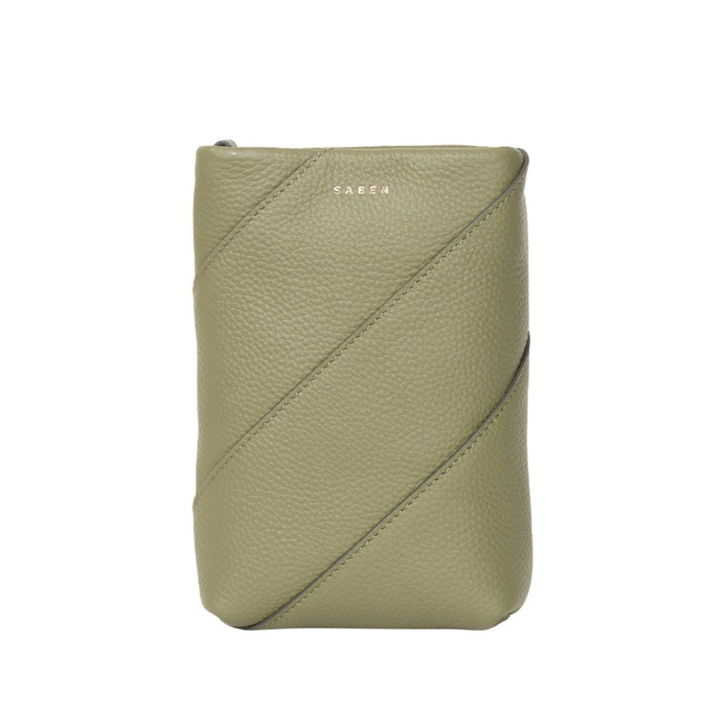 Green leather pouch with a diagonal strap on a white background