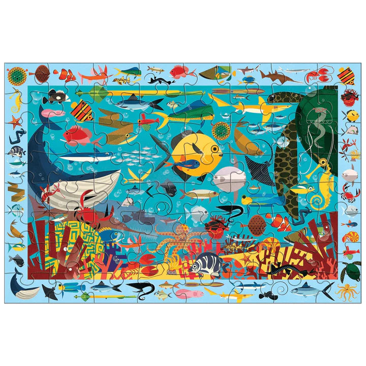 Colorful puzzle with various sea creatures on a blue background