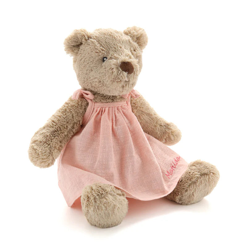 Teddy bear in a pink dress on a white background