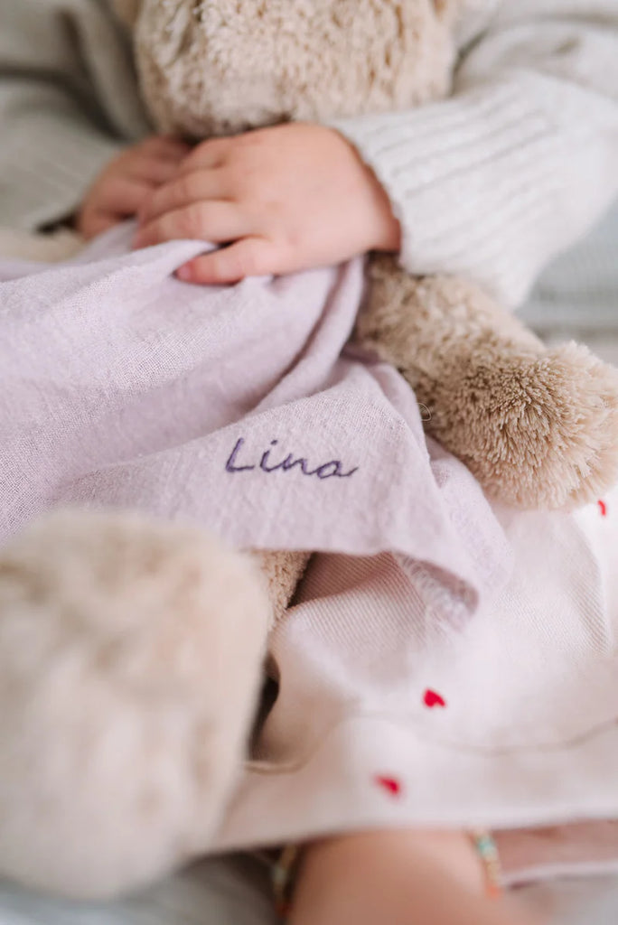 Person holding a plush toy wrapped in a blanket with 'Lina' embroidered on it.
