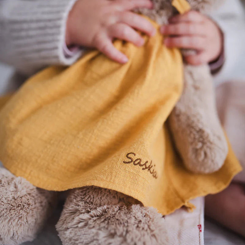 Child holding a teddy bear with a yellow dress labeled 'Sasha'.