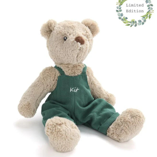Stuffed teddy bear wearing green overalls with 'Kit' on a white background
