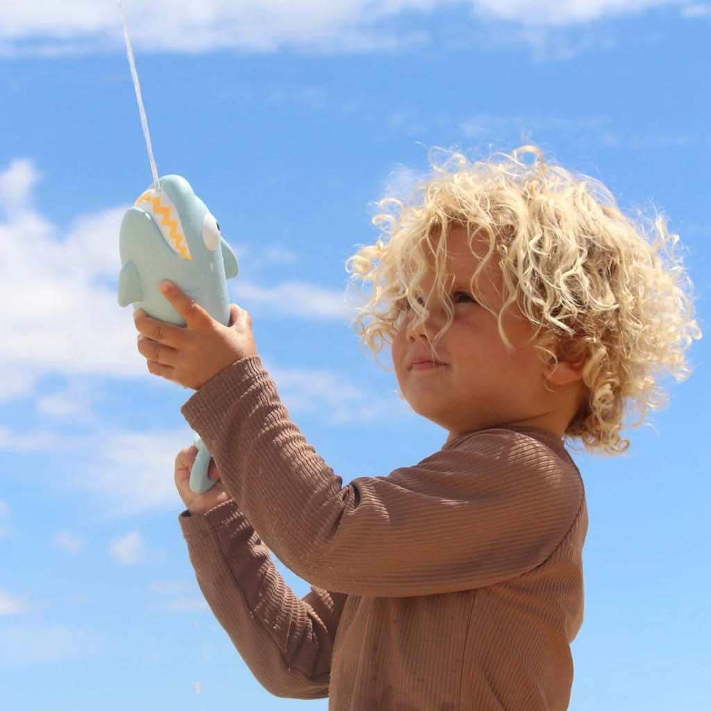Child holding a toy shark against a blue sky
