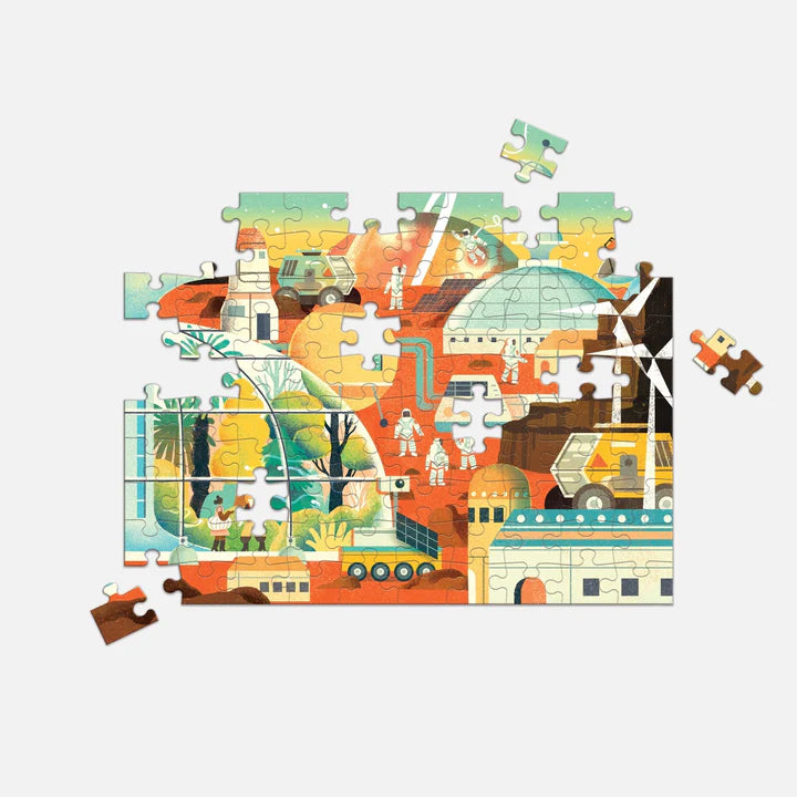 Colorful puzzle with various pieces on a white background