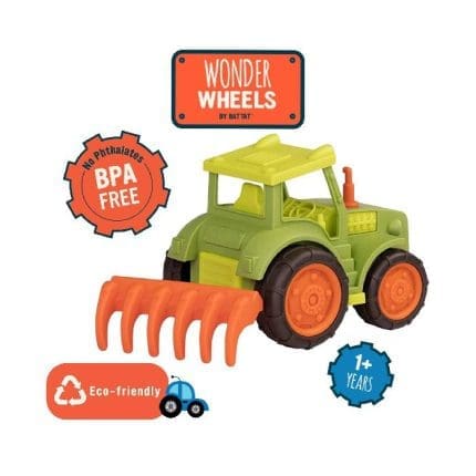 Toy tractor with Wonder Wheels branding and eco-friendly label on a white background