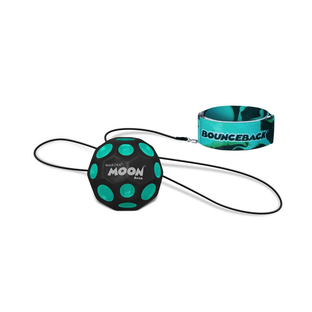 Green and black ball with a strap labeled 'MOON' on a white background