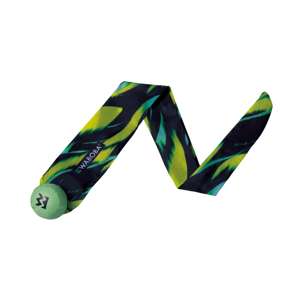 Black and green resistance band with a ball at one end on a white background