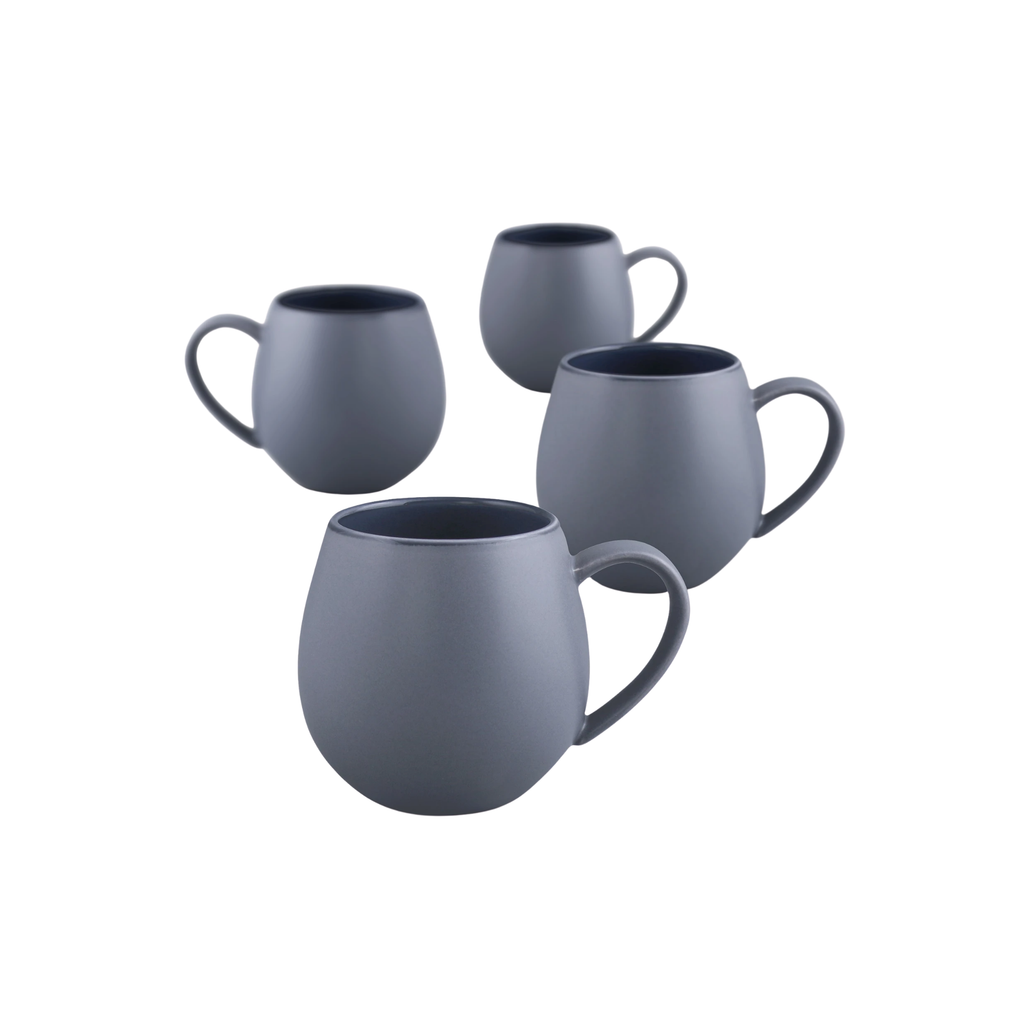 A set of four rounded shape navy matte mugs made with a handle on a white background