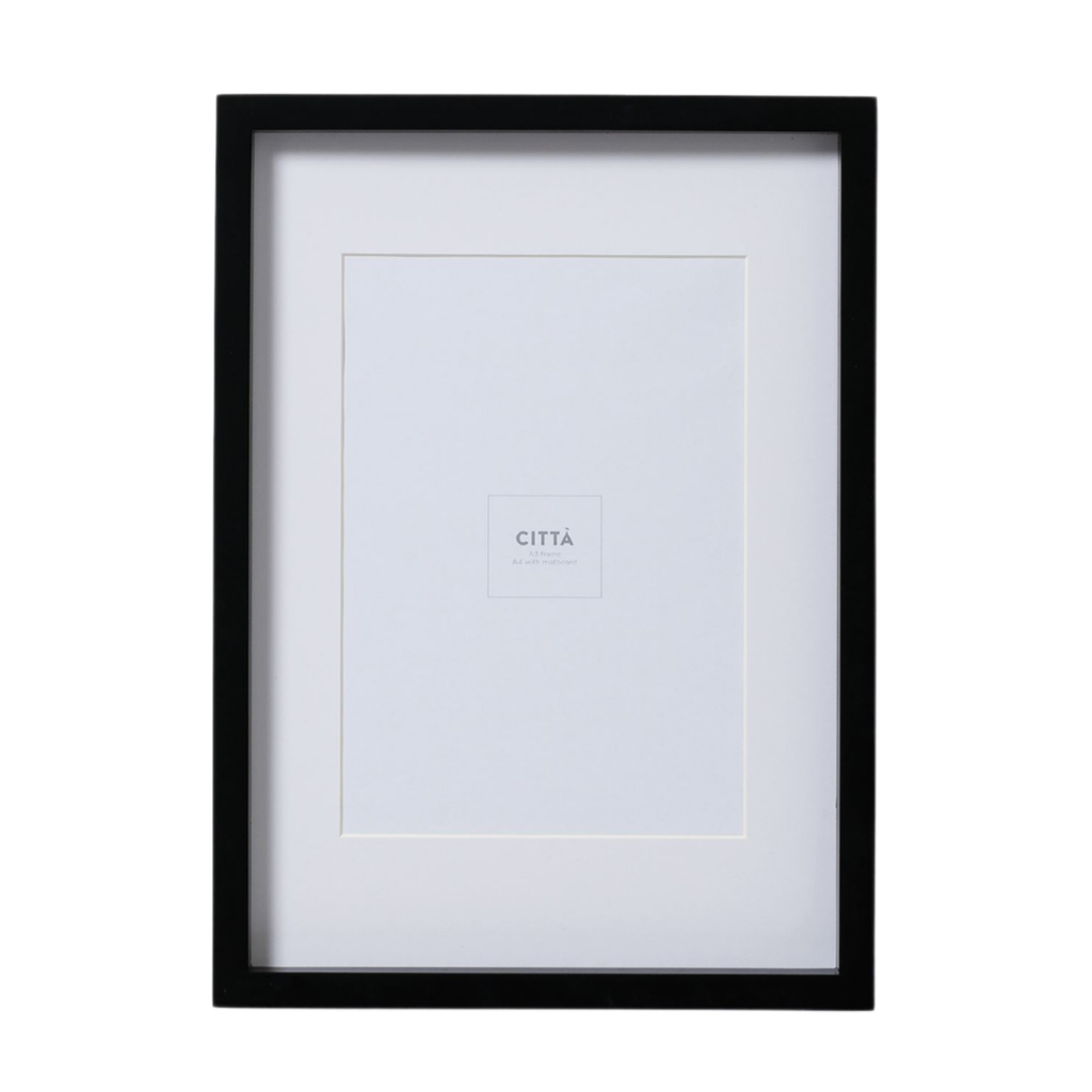 An empty A4 black frame with a white boarder 