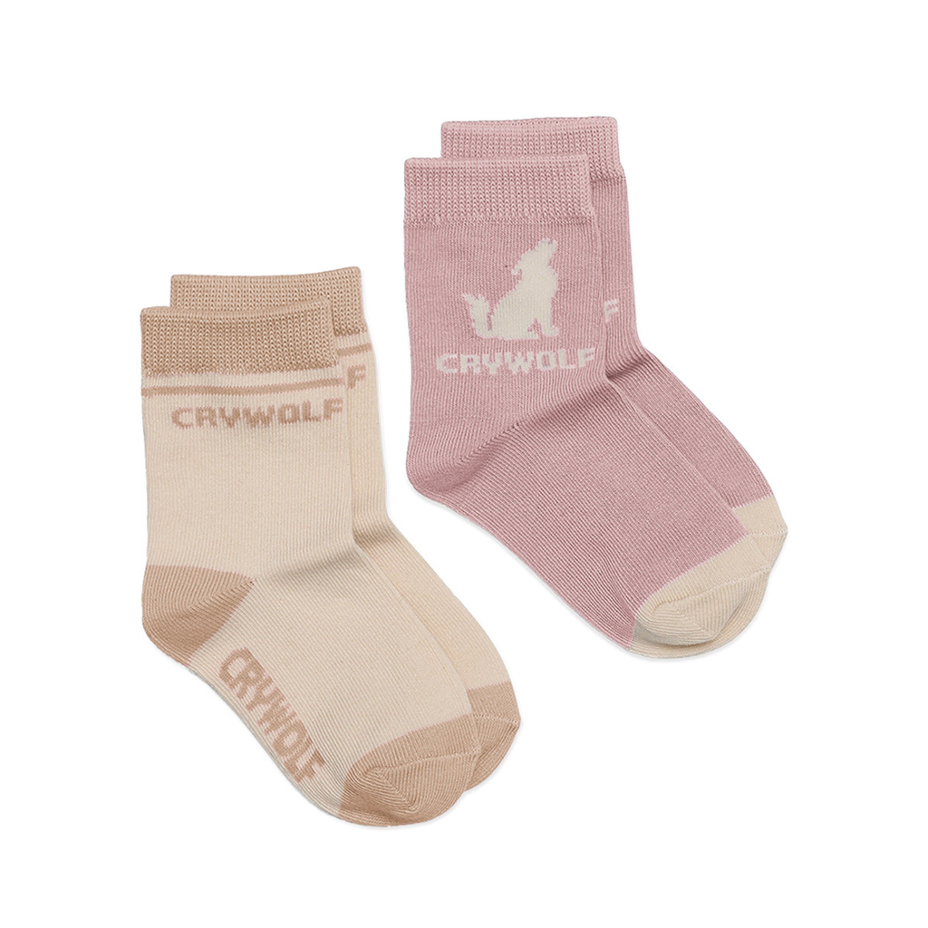 A pair of socks labeled "CRYWOLF", one being pink and another brown