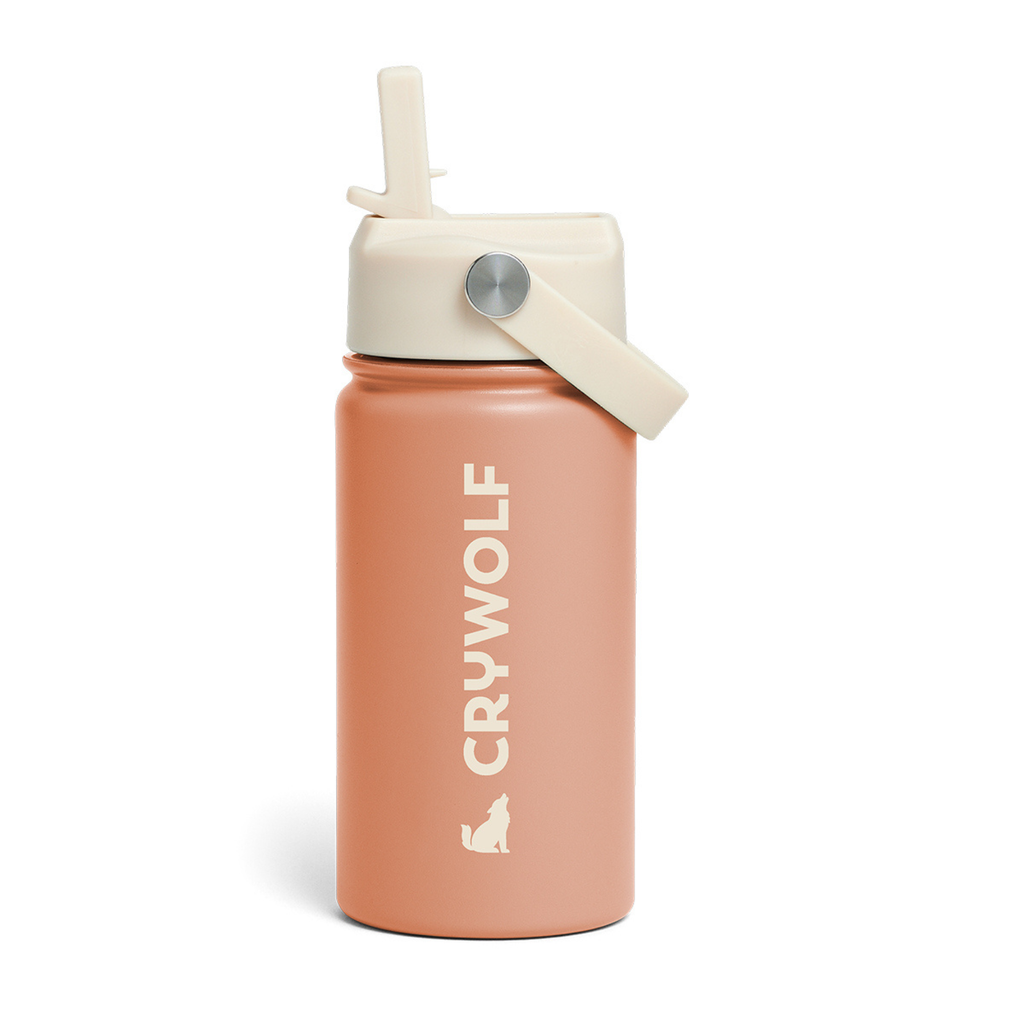 Light orange colour sippy water-bottle with the text "crywolf" in white text with a wolf outline and a white coloured lid