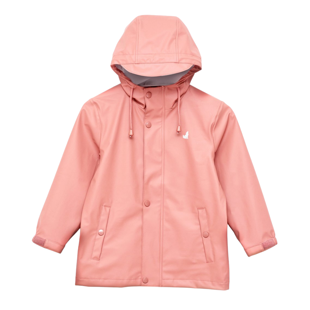 A pink hooded rainjacket