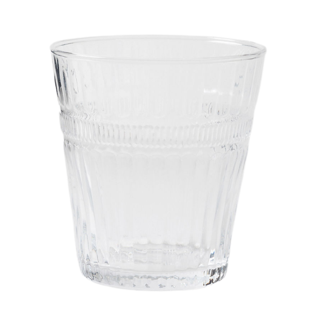 A printed patterned transparent glass drinking tumbler