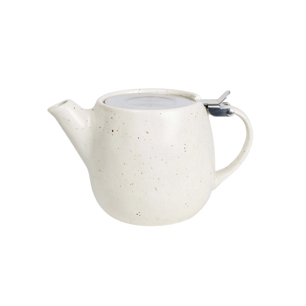 White small ceramic tea top with black speckles and a silver lid