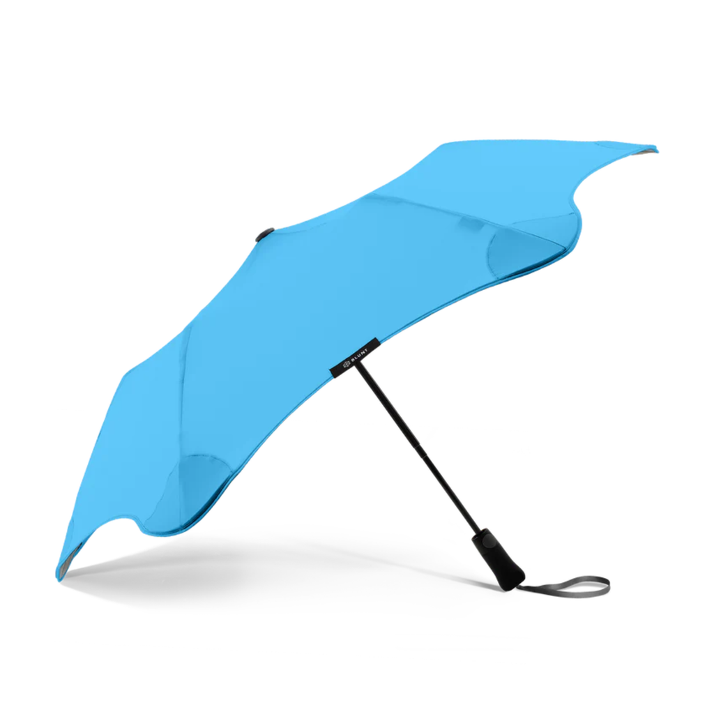 A blue and black handle blunt Metro brand umbrella