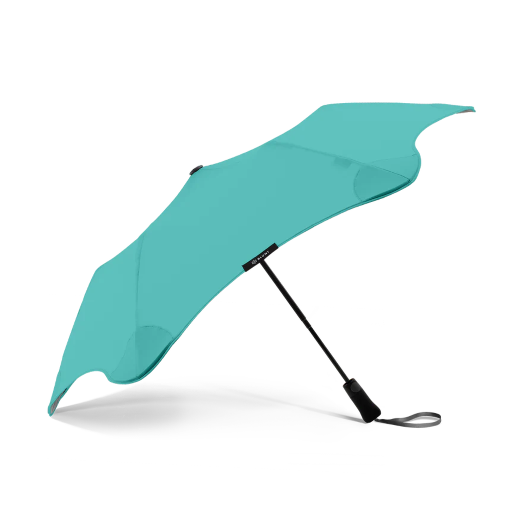 A blue and black handle blunt Metro brand umbrella
