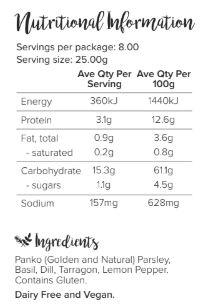 The ingredients and nutritional information for Pepper  Me's Lemon Herb Crumb