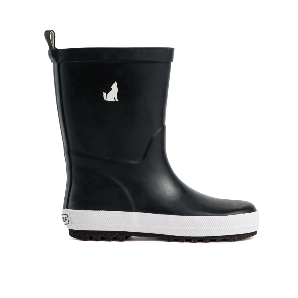 Black children's gumboots with a white rim and a white wolf detail