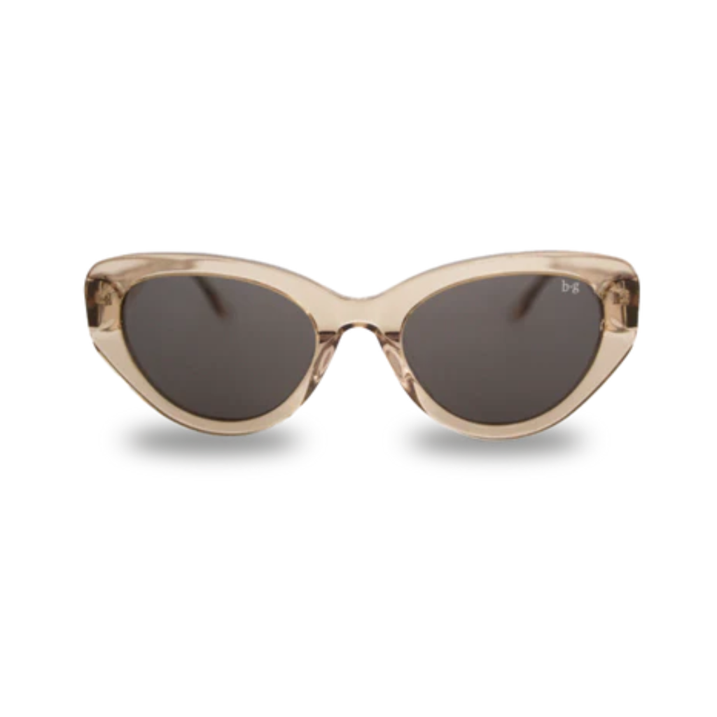 Bored George Demi pink sunglasses with a clear pink frame and dark lens