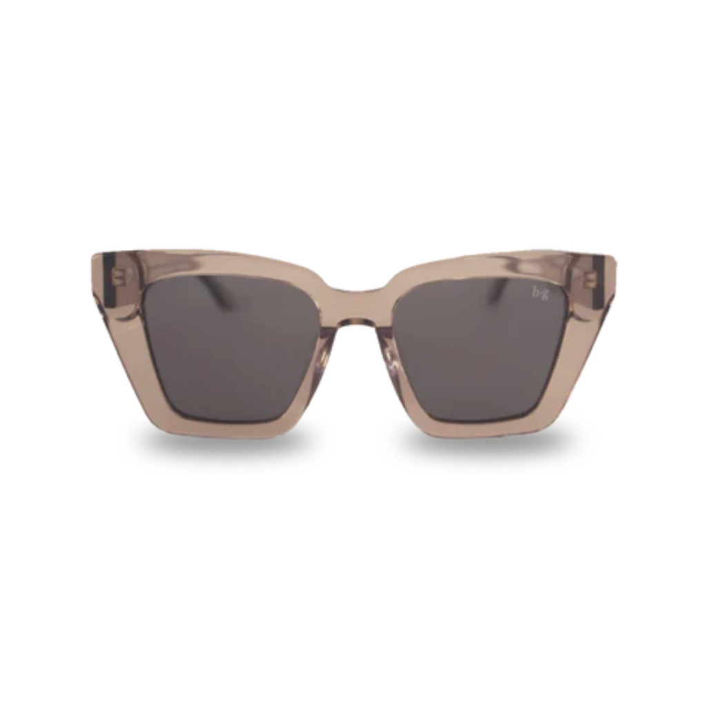 Bored George Piper tort sunglasses in a clear purple frame and grey lens.