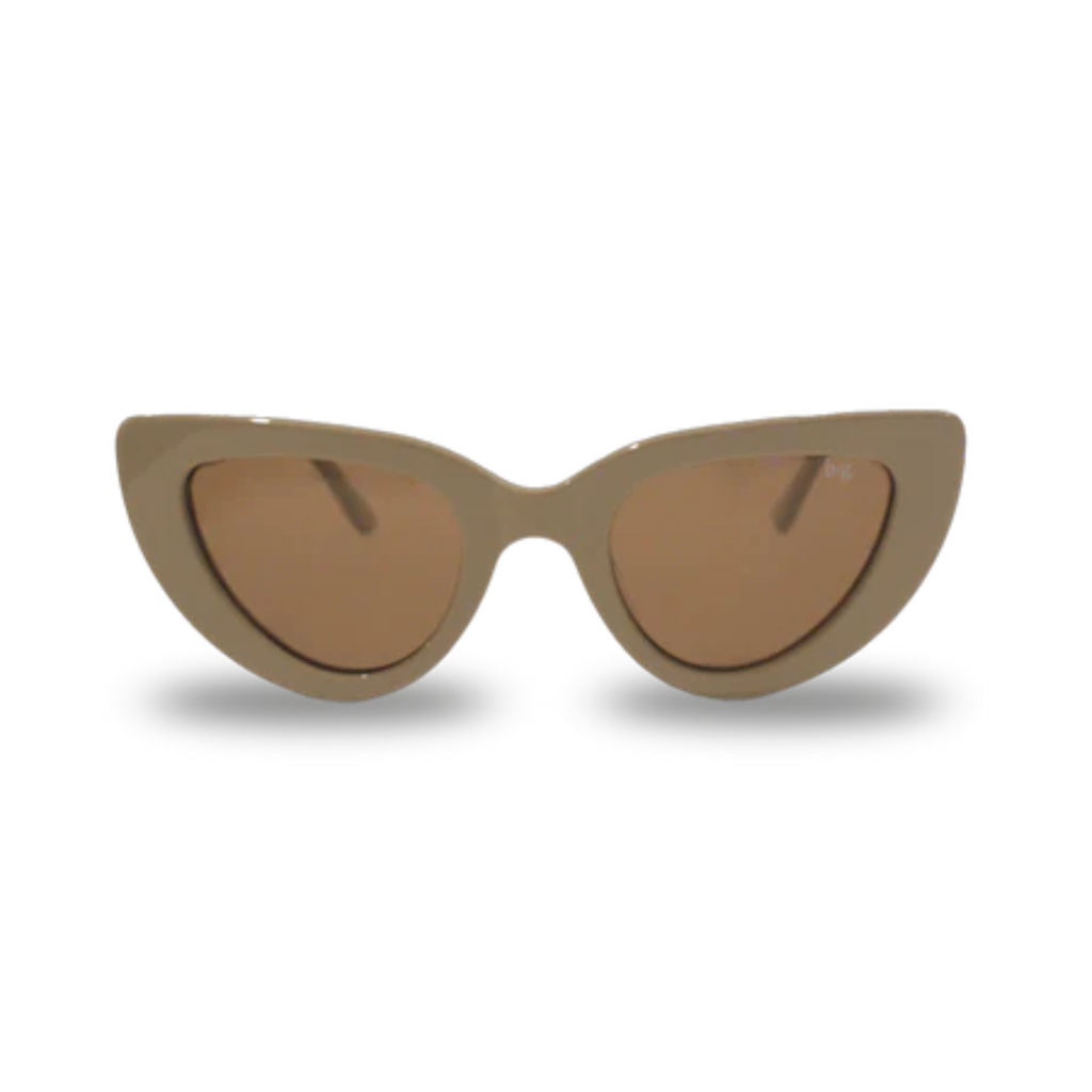 Bored George Rhia latte sunglasses with a solid beige frame and dark lens 