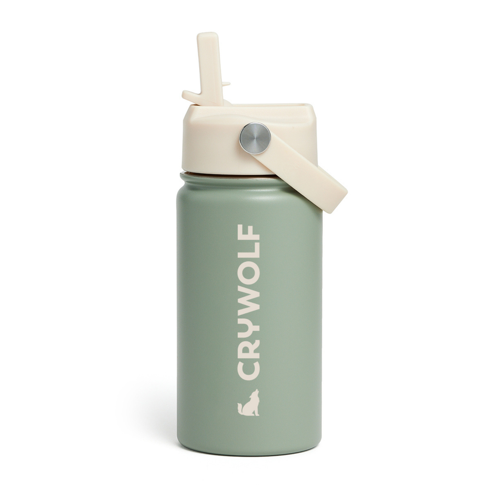 A light green kids drink bottle with a white straw lid and white barding text labelled "crywolf"