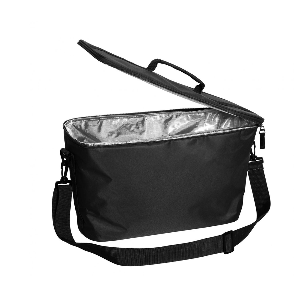 A large black cooler bag with open lid featuring a silver interior lining, top zip closure and thick shoulder strap.