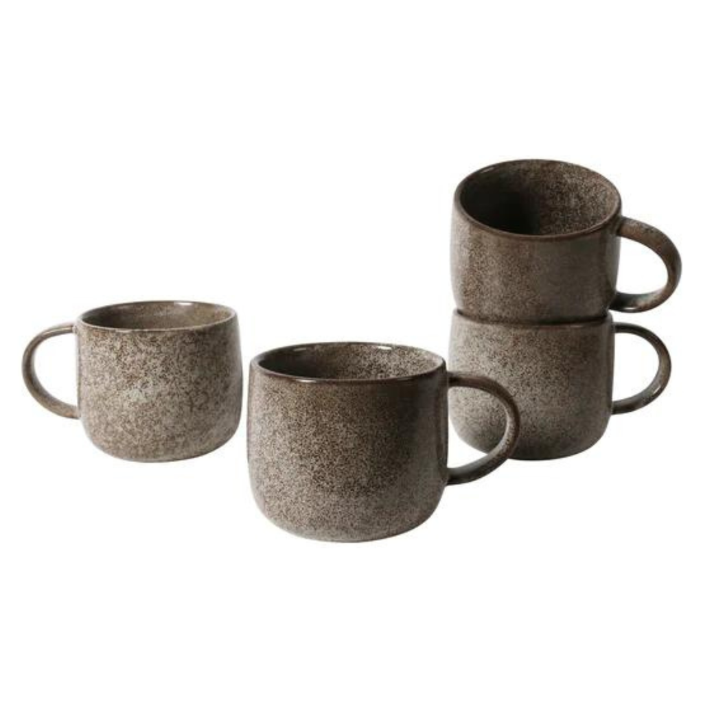 A set of four brown speckled ceramic mugs 